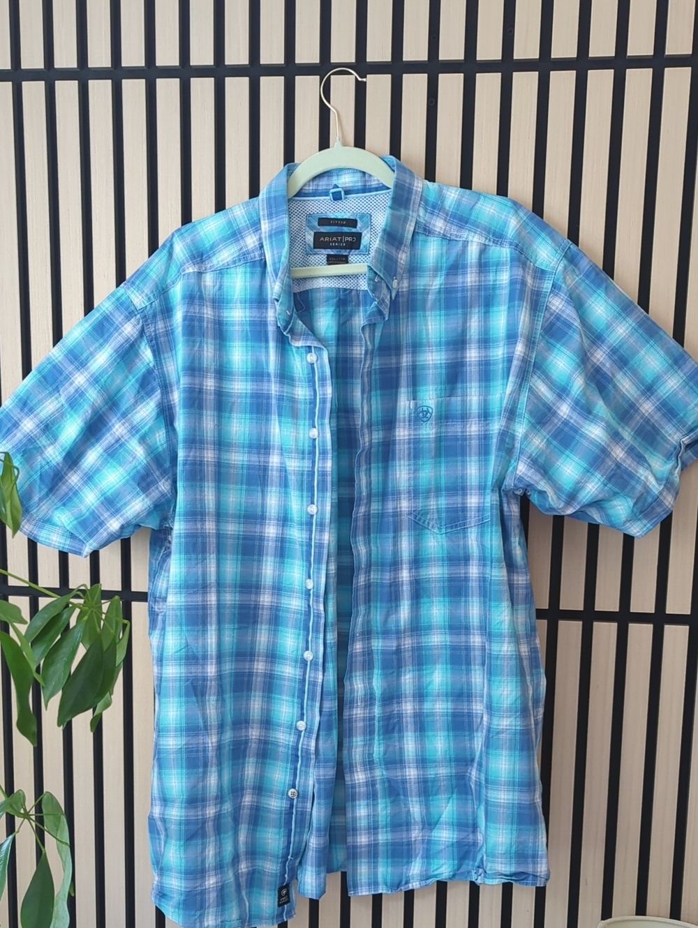 Ariat Men’s Turquoise and Blue Plaid Short-Sleeve Button-Down Shirt